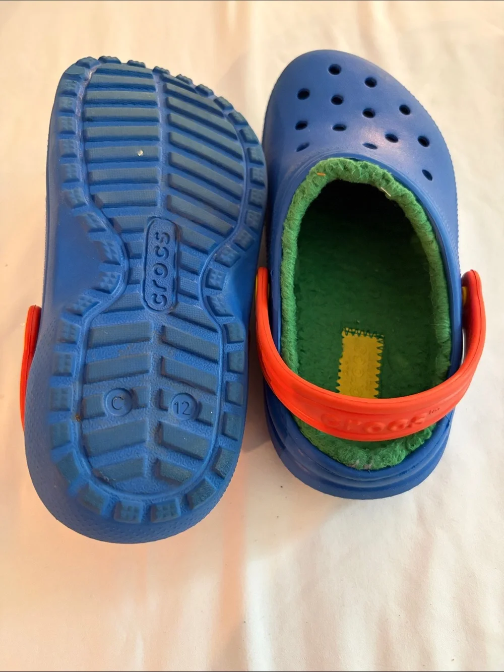CROCS Kids Blue Clogs with Red Strap and Green Lining